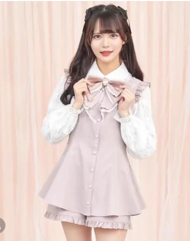 Geyalovvy Women's Lolita Sailor Collar Plaid Rhinestone Bow Two-Piece Set