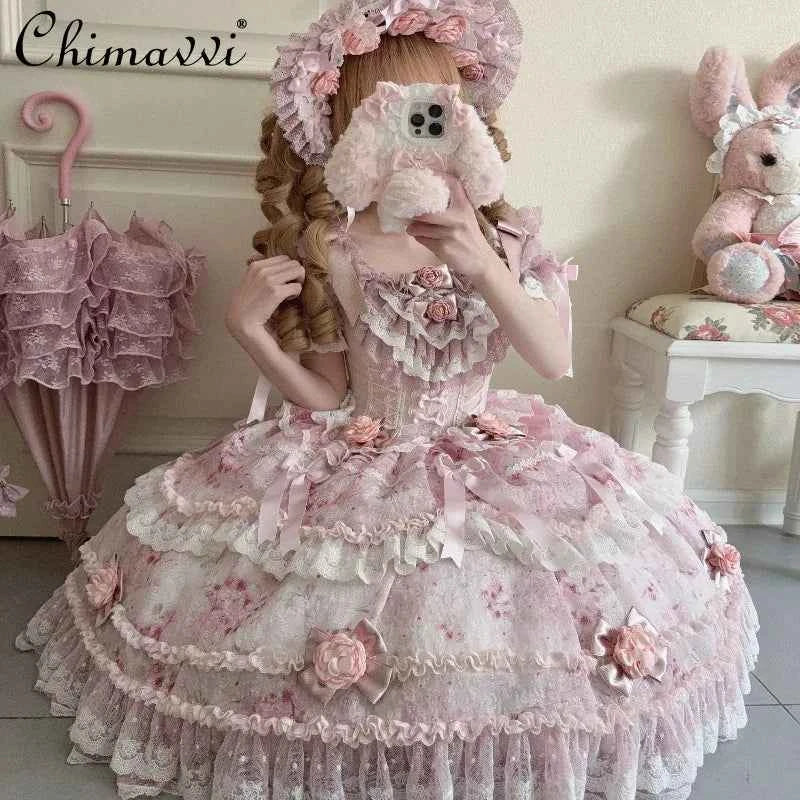 Original Heavy Birthday Party Lolita Puffy Dress Sweet Girls Back Big Bow Tail Vintage High-end Women's Elegant OP Dress