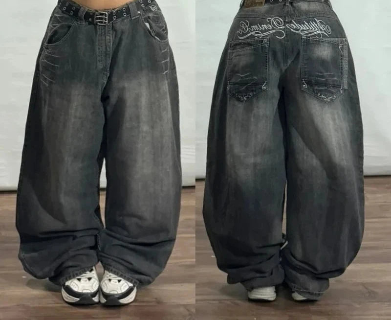 Y2K Cherry Blossom Embroidered Wide Leg Jeans