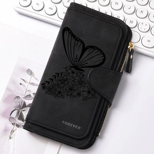 ZeAiLi Long PU Leather Clutch Wallet with Animal Paw and Butterfly Print