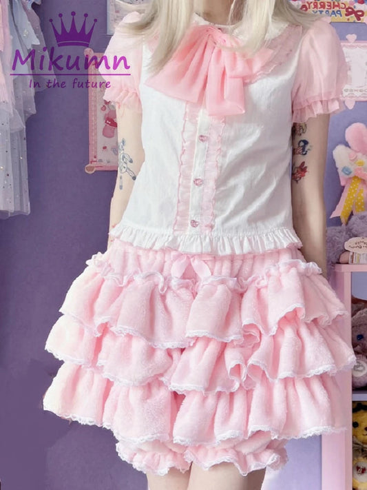 Harajuku Y2k Sweet Pink White Pumpkin Pants Lolita Autumn Winter JK Plush Shorts Japanese Kawaii Ruffles Lantern Shorts SS69