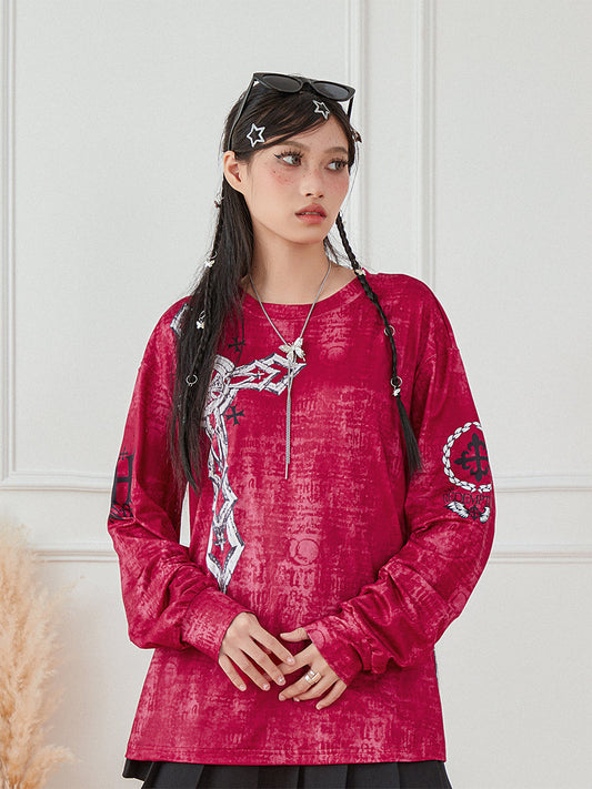 Women s Vintage Graphic Tops Gothic Long Sleeve Round Neck Loose T-Shirts Streetwear Grunge Tops SS69