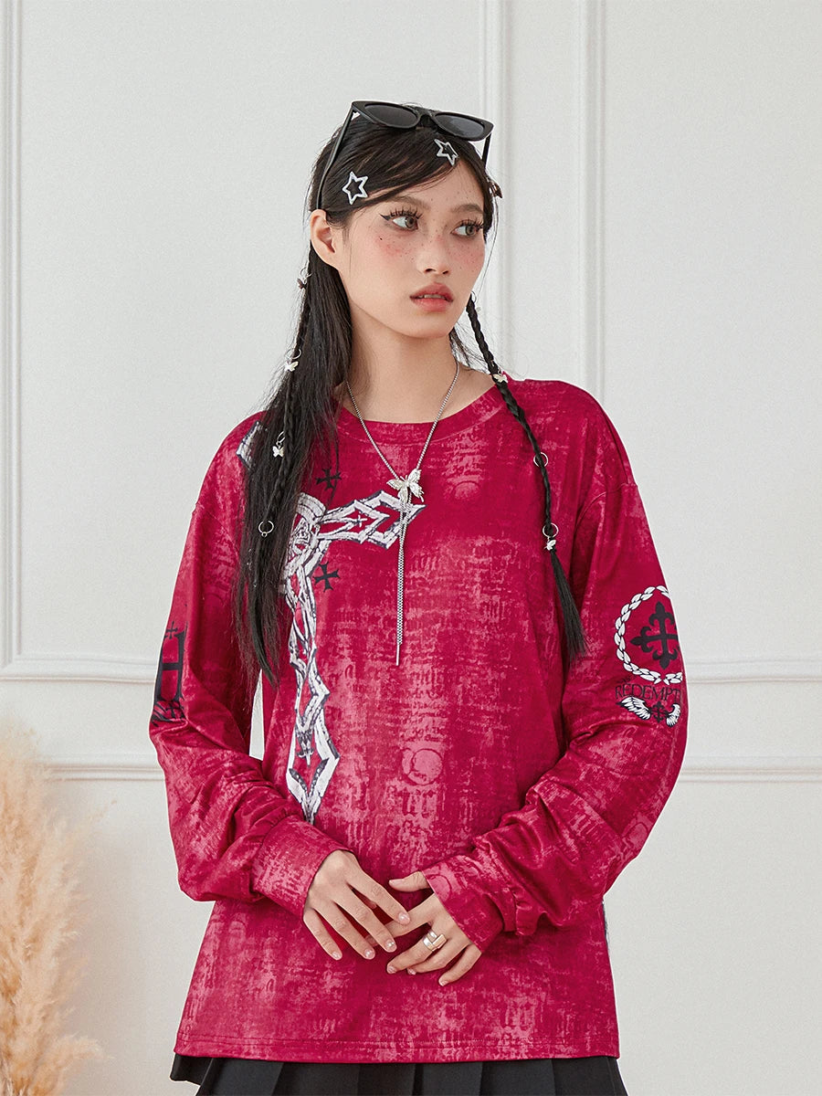 Women s Vintage Graphic Tops Gothic Long Sleeve Round Neck Loose T-Shirts Streetwear Grunge Tops SS69