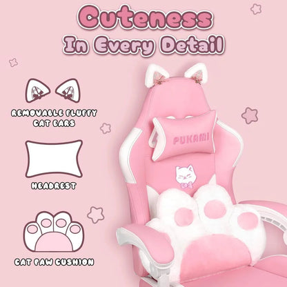 Pink Gaming Chair Cute with Cat Ears and Cat Paw Lumbar Cushion, Ergonomic Computer Chair for Girl with Footrest and Headrest SS69