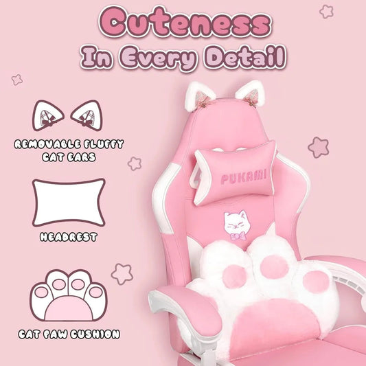 Pink Gaming Chair Cute with Cat Ears and Cat Paw Lumbar Cushion, Ergonomic Computer Chair for Girl with Footrest and Headrest SS69