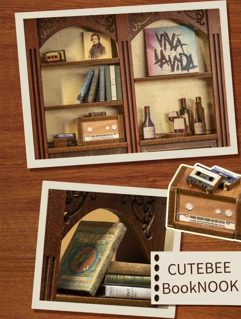 CUTEBEE DIY Book Nook Miniature Dollhouse Booknook with Touch Light Dust Cover Bookshelf Insert for Decor Gifts Secret Rhythm