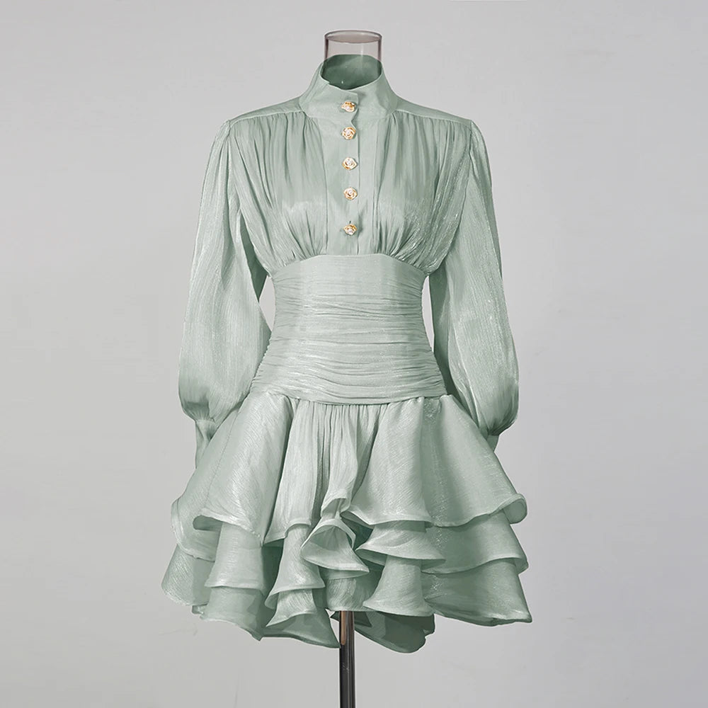 TWOTWINSTYLE Solid Spliced Ruffles Dress Female Stand Collar Long Sleeve Loose French Elegant Women's Dresses Autumn Fashion New