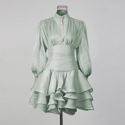TWOTWINSTYLE Solid Spliced Ruffles Dress Female Stand Collar Long Sleeve Loose French Elegant Women's Dresses Autumn Fashion New