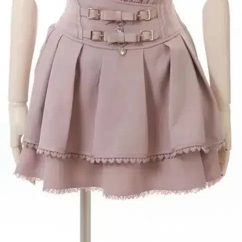 Japanese Kawaii Mini Cake Skirts Womens Jupe Fairy Bandage Lolita High Waist Y2k Aesthetic Sweet Lace Gothic JK Faldas Skirt SS69 23.69 1550 pink / L