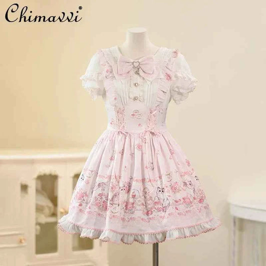 Original New Spring Summer Cute Print Short-sleeved Lolita OP Dress Japanese Sweet Girl Mass-produced Kawaii Bow Short Dresses