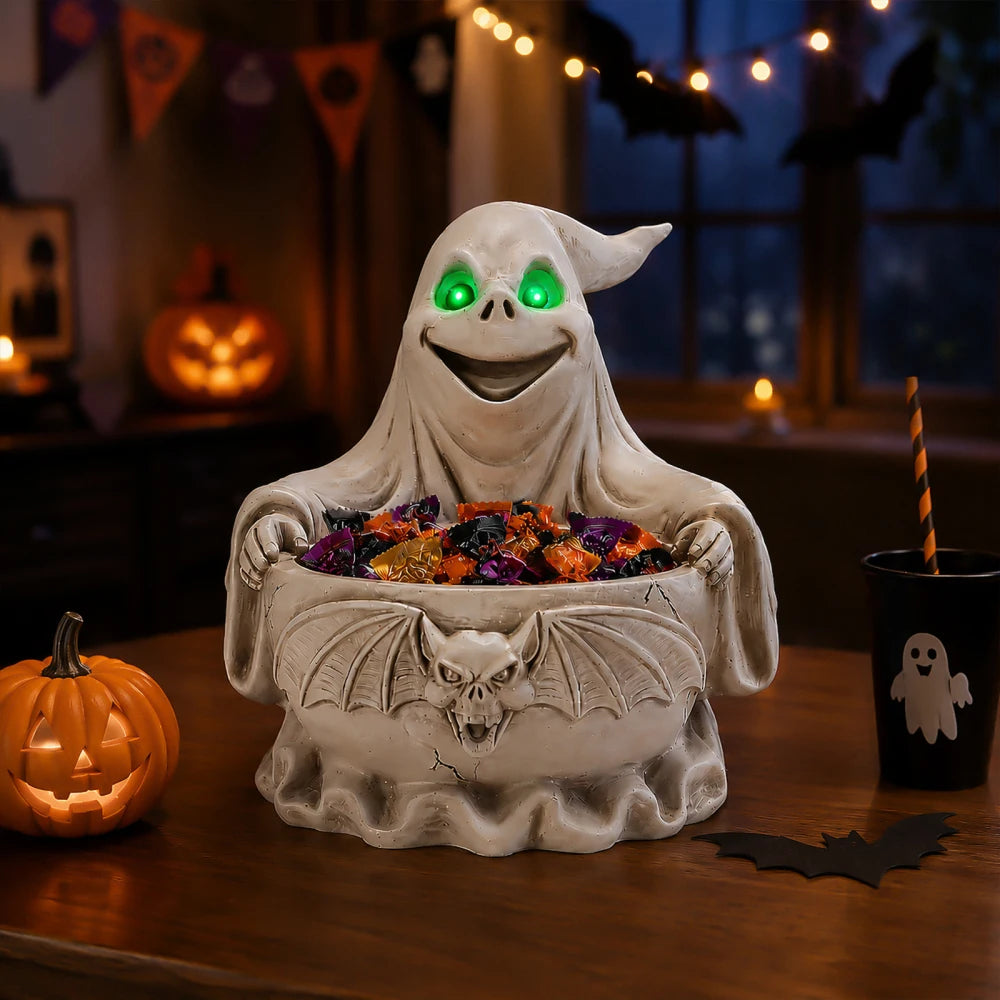 Halloween Pumpkin Candy Bowl with Witch Hat, Light Up Jack O Lantern Decoration, Spooky Tabletop Storage Container for Home Party Decor