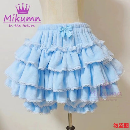 Harajuku Y2k Sweet Pink White Pumpkin Pants Lolita Autumn Winter JK Plush Shorts Japanese Kawaii Ruffles Lantern Shorts SS69