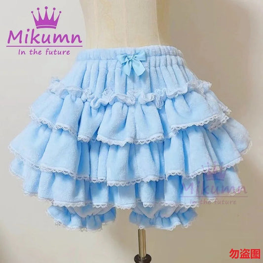 Harajuku Y2k Sweet Pink White Pumpkin Pants Lolita Autumn Winter JK Plush Shorts Japanese Kawaii Ruffles Lantern Shorts SS69