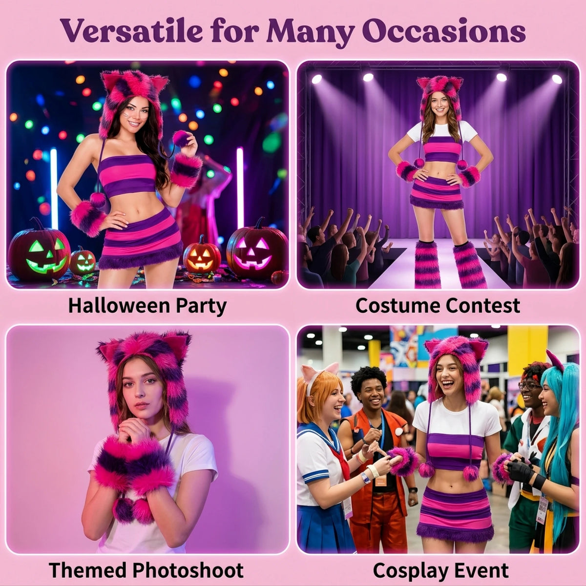 Halloween Cheshire Cat Cosplay Set Lady Furry Striped Cat Ear Hat Wrist Cuffs Leg Warmers Alice Themed Party Costume Accessories
