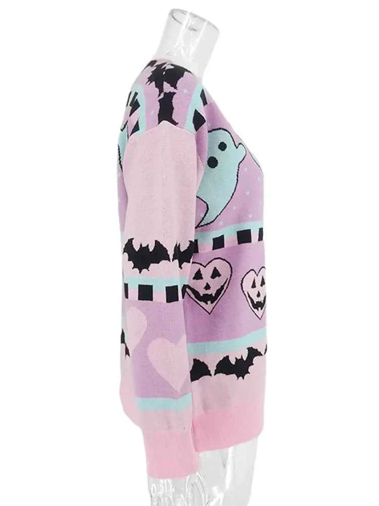 Yangelo Pink Kawaii Sweater Women's Knitted Top Gothic Ghost Bat Pattern Autumn Winter Warm Fairy Grunge Clothing