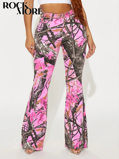 Rockmore Pink Thorn Camouflage Printed Flare Pant Casual High Street Trouser Women Y2k Clothes Autumn Aesthetic Grunge Fairycore SS69