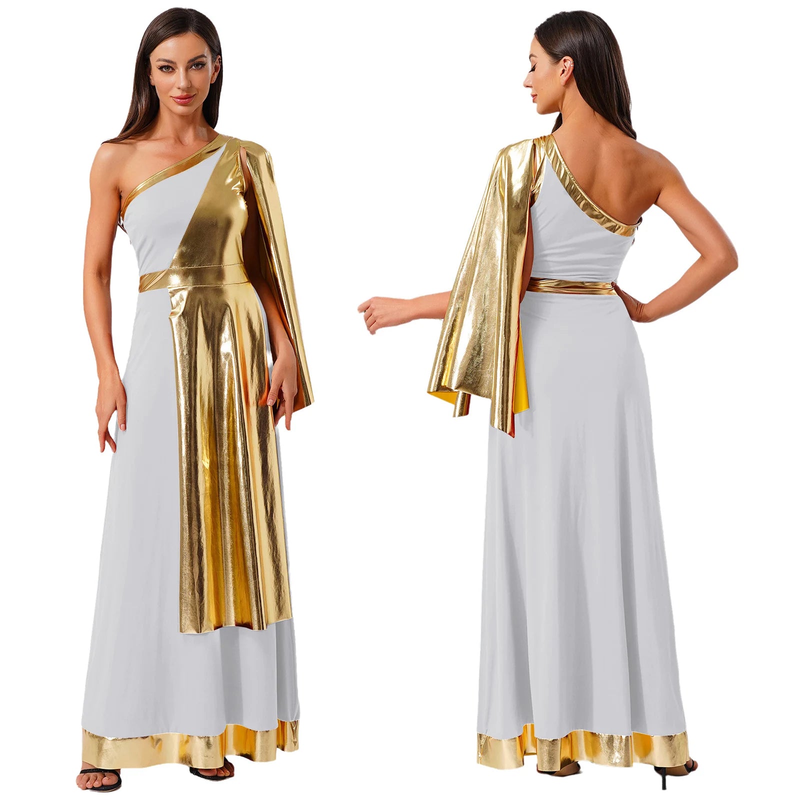 One-Shoulder Greek Goddess Tunic Dress with Metallic Drape