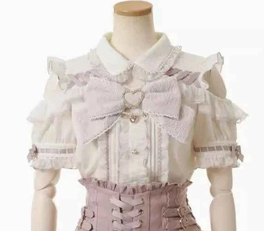 Japanese Liz New Spring Lace Edge Leather Ring High Waist Pleated Skirt Ribbon Bow Short Plaid Skirts Big Bow Lolita Blouses