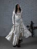 NO ROMANCE Fairy Sexy Punk Printing Half Transparent Lace Patch Knitted Long Sleeve Hooded Dresses Rock Gothic Design Vestidos SS69