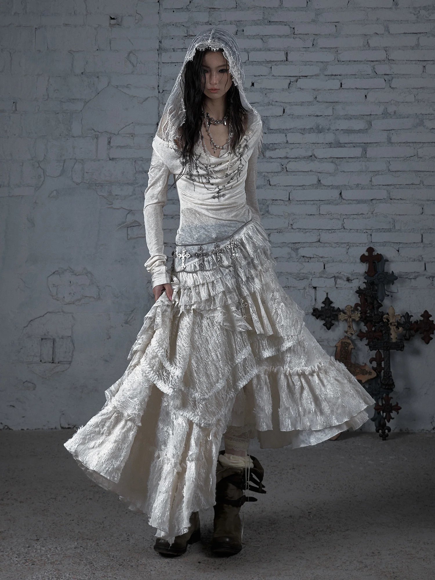 NO ROMANCE Fairy Sexy Punk Printing Half Transparent Lace Patch Knitted Long Sleeve Hooded Dresses Rock Gothic Design Vestidos SS69