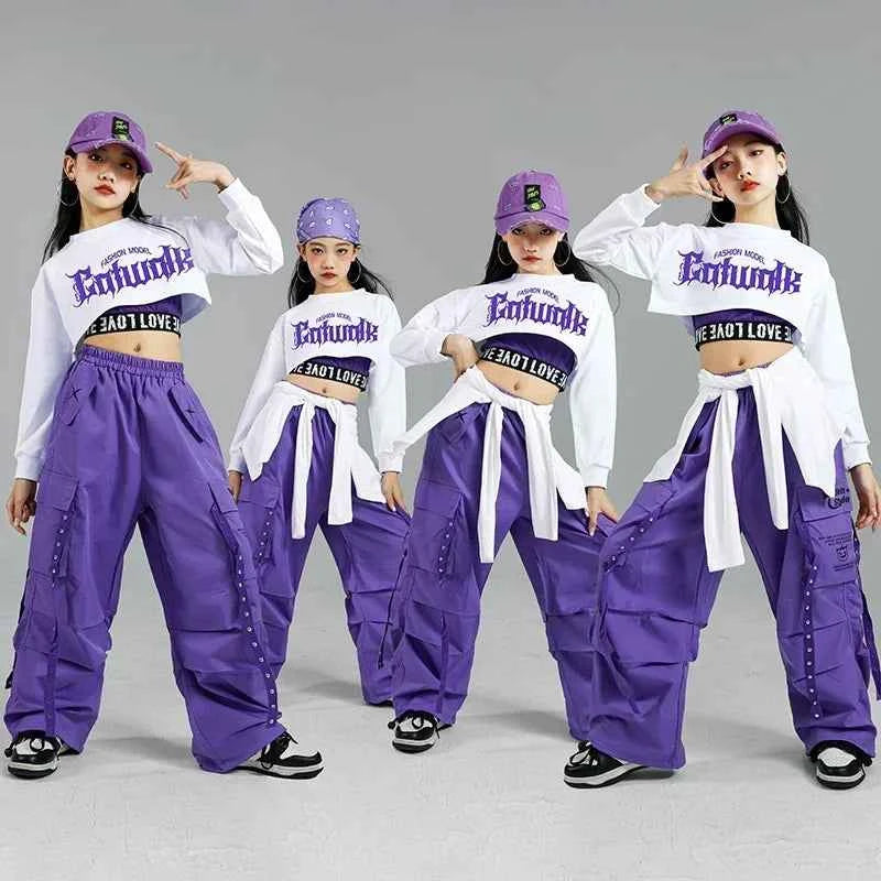 Children Street Dance Outfits Kids Streetwear Group Jazz Clothes Sets Hip Hop Girls Fashion K-pop Crop Top Purple Cargo Pants