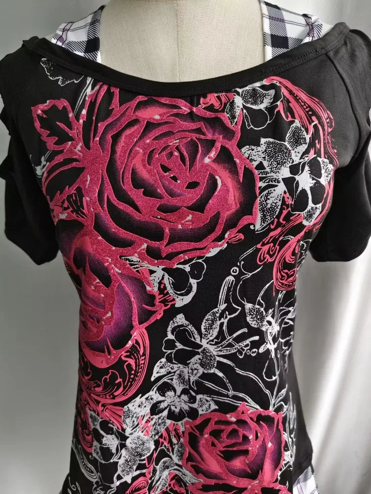 Kimutomo Women T Shirts Vintage Flowers Printed Short Sleeve Spring Summer Fashion Slim Grunge Gothic Y2k Harajuku Tops Ladies