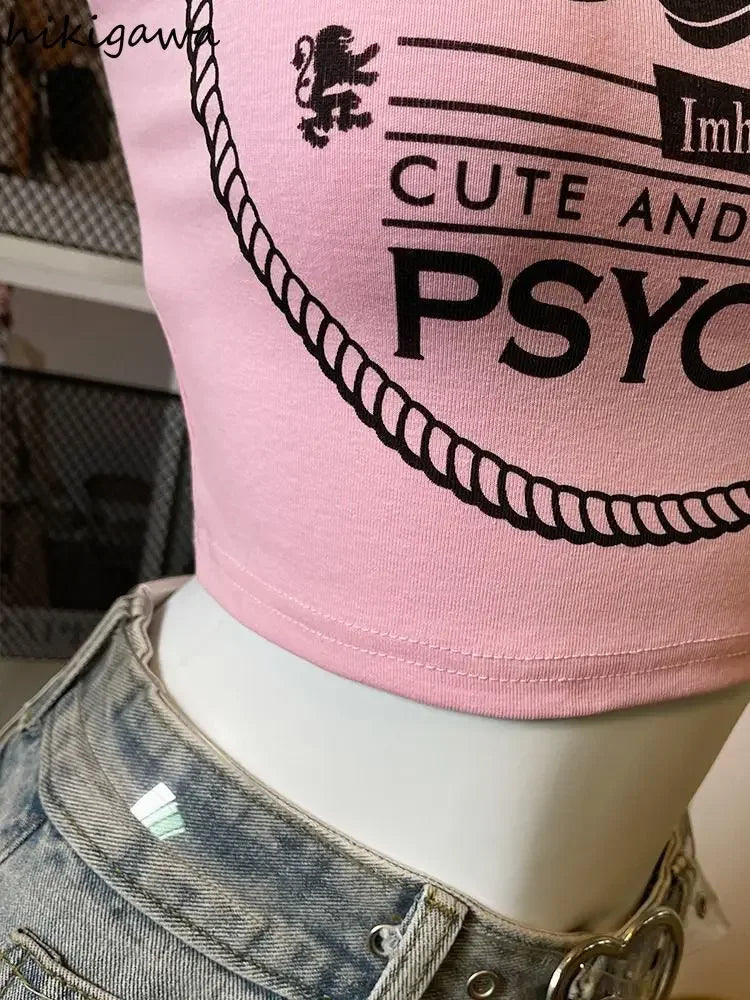 Crop Tops Fashion Summer Tanks Women Clothing Sweet Pink Letter Backless Tunic Camis Harajuku Chain Sexy Y2k Vest Ropa Mujer SS69