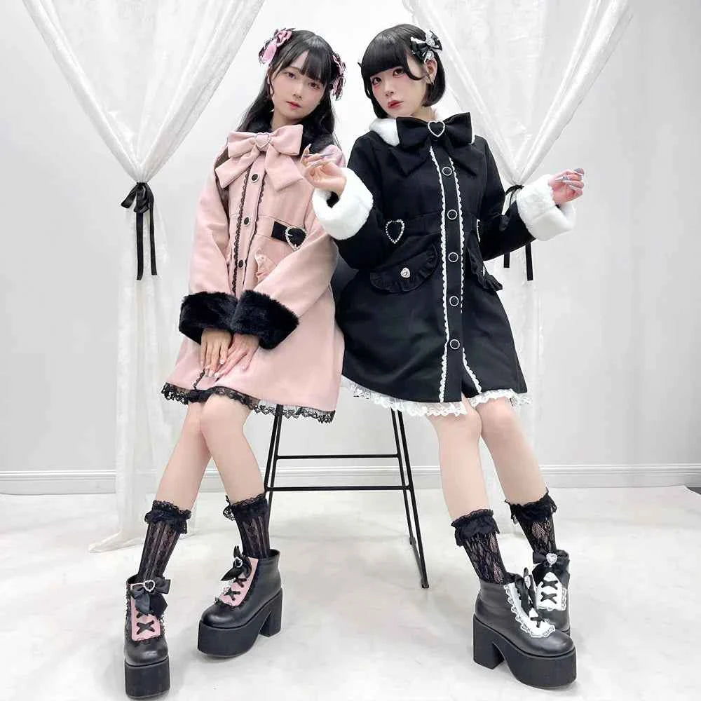 Japanese Sweet Winter Woolen Coat Lolita Style Cute Big Bow Fungus Edge Long Sleeve Slim Kawaii Girls Women Elegant Overcoat