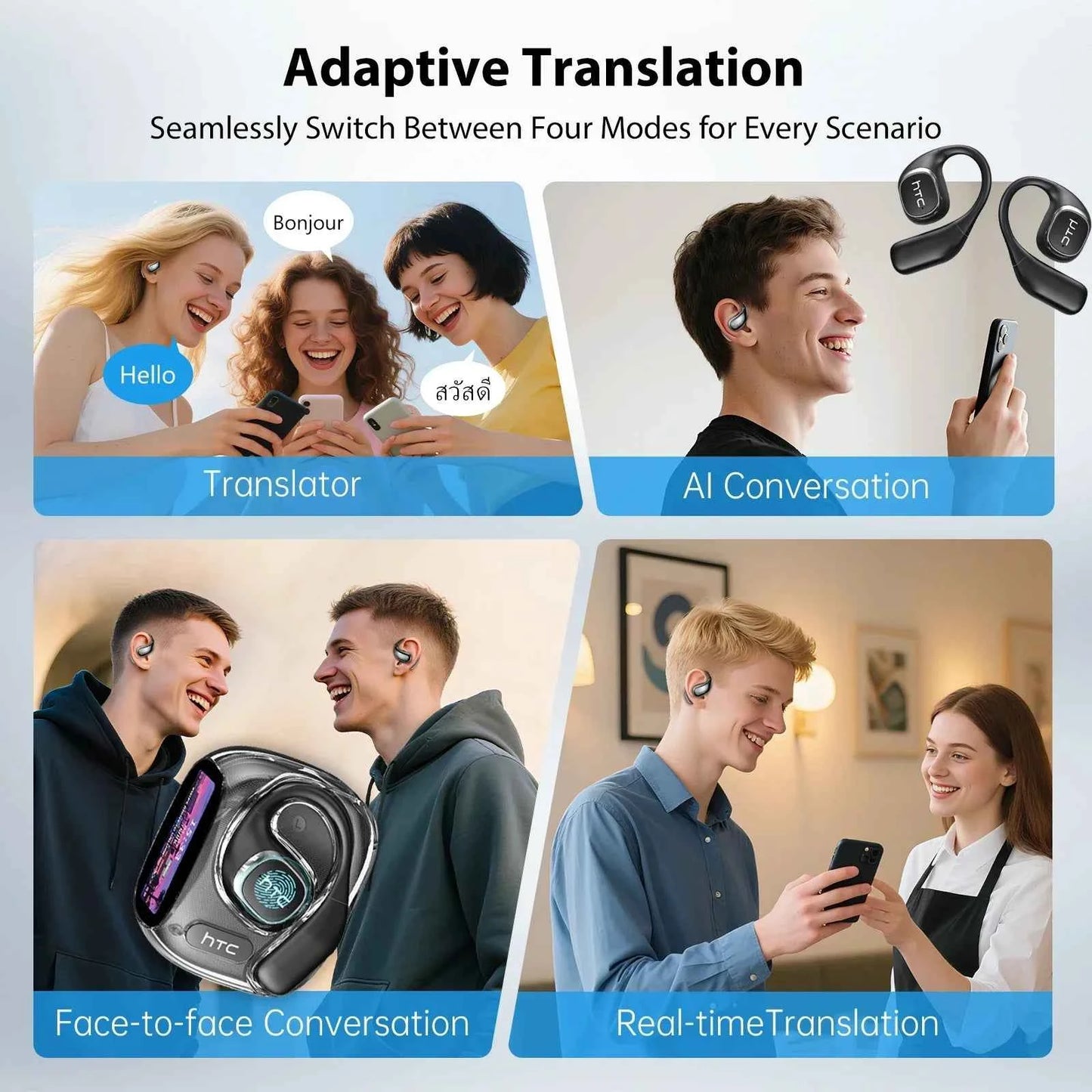 HTC NE11 Earphones Bluetooth V6.0 AI Translator Earbuds Open-Ear Wireless Headphones LCD Screen BASS Stereo 8 Hours Long-life