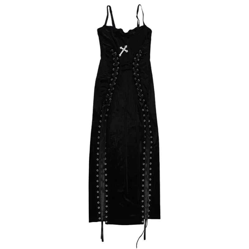 Punk Grunge High Split Hem Straps Dess 90s Streetwear Gown Women Sexy Corn Bandage Velvet Dresses Mall Gothic Clothing