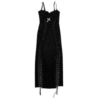 Punk Grunge High Split Hem Straps Dess 90s Streetwear Gown Women Sexy Corn Bandage Velvet Dresses Mall Gothic Clothing