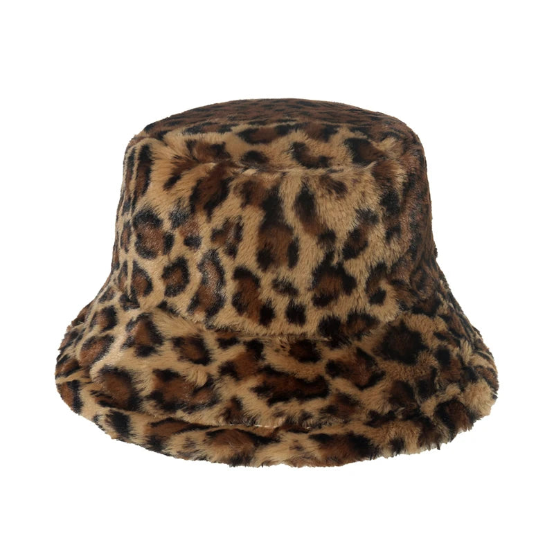 Winter Bucket Hat Women's Fashion Leopard Panama Warm Hats Female Vintage Faux Fur Fisherman Cap Hats For Women Dropshipping