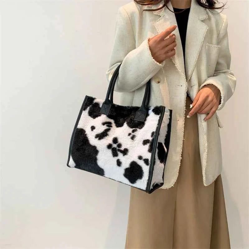 Winter Faux Fur ,Leopard Print Designer Shopper Totes, Fashion Soft Plush Women Shoulder Bags, Large Capacity Handbags and Purse