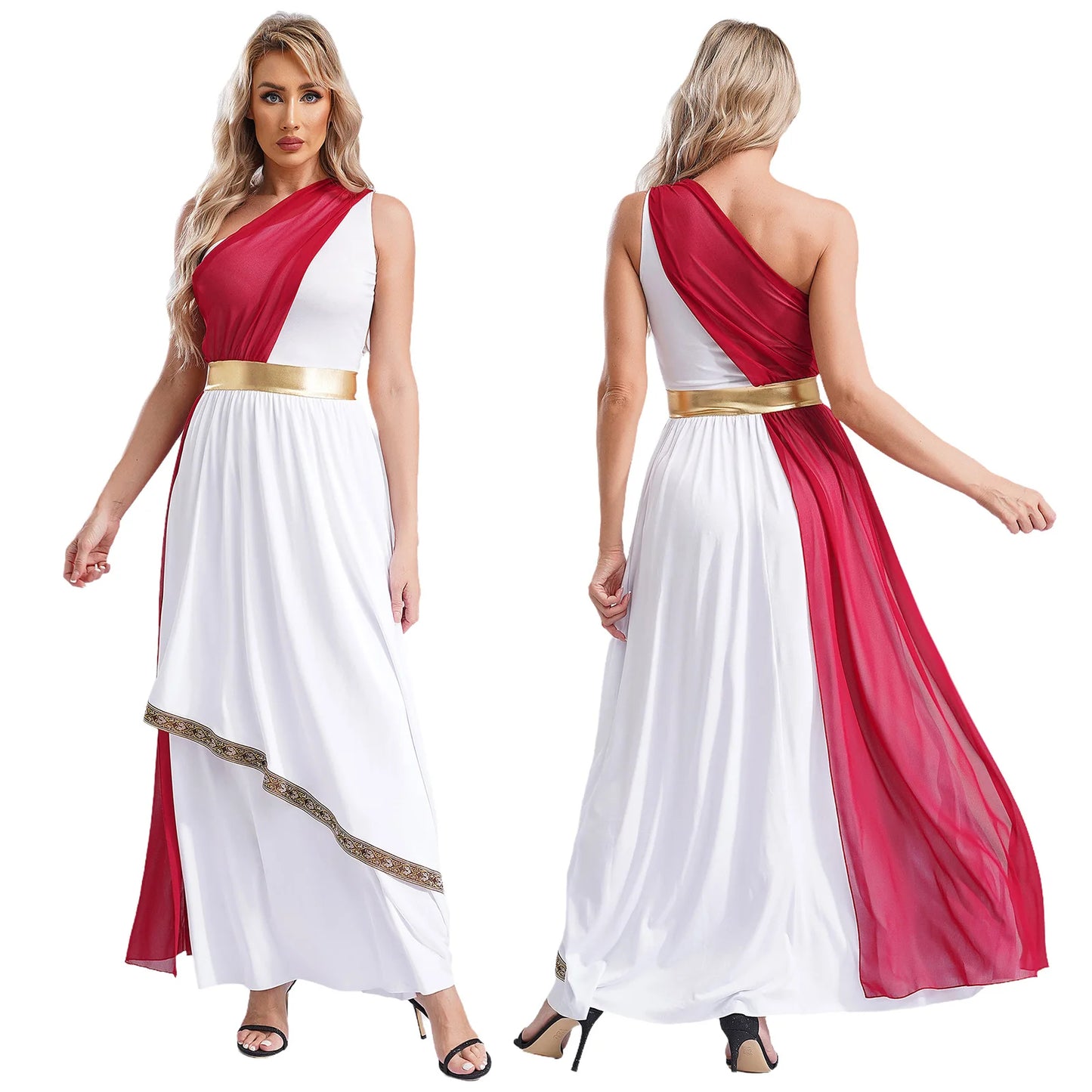 Womens Ancient Greek Princess Toga Goddesses Costume Grecian One Shoulder Chiffon Overlay Vintage Trim Tunic Dress Gown Dress