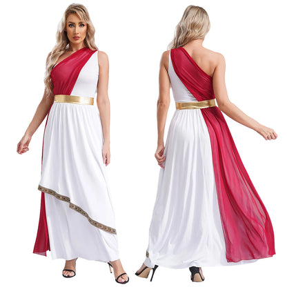Womens Ancient Greek Princess Toga Goddesses Costume Grecian One Shoulder Chiffon Overlay Vintage Trim Tunic Dress Gown Dress