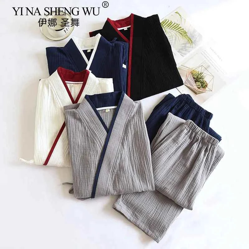 Japanese Style Spring and Autumn Thin Men's Kimono Hanfu Pure Cotton Gauze Pajamas Plus Size Home Steaming Suit