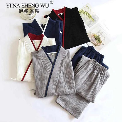Japanese Style Spring and Autumn Thin Men's Kimono Hanfu Pure Cotton Gauze Pajamas Plus Size Home Steaming Suit