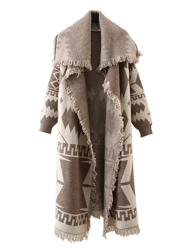DEAT 2026 Autumn Women's Vintage Cardigan Tassel Edge Contrast Color Long Coat Large Lapel Long Sleeve Female Coat New 15C633