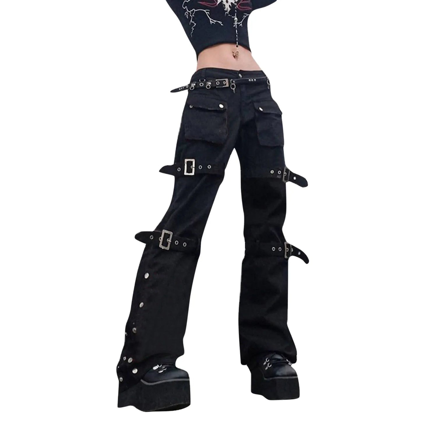 Streetwear Y2k Flared Jeans Women's Fashion Wide Straight Leg Punk Cargo Jean Baggy Pants Goth Trousers Streetwear With Pockets SS69
