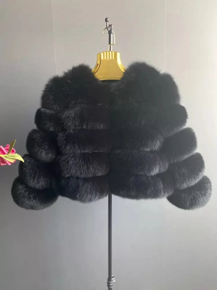 WGLUVF Women's Real Fox Fur Short O-Neck Coat