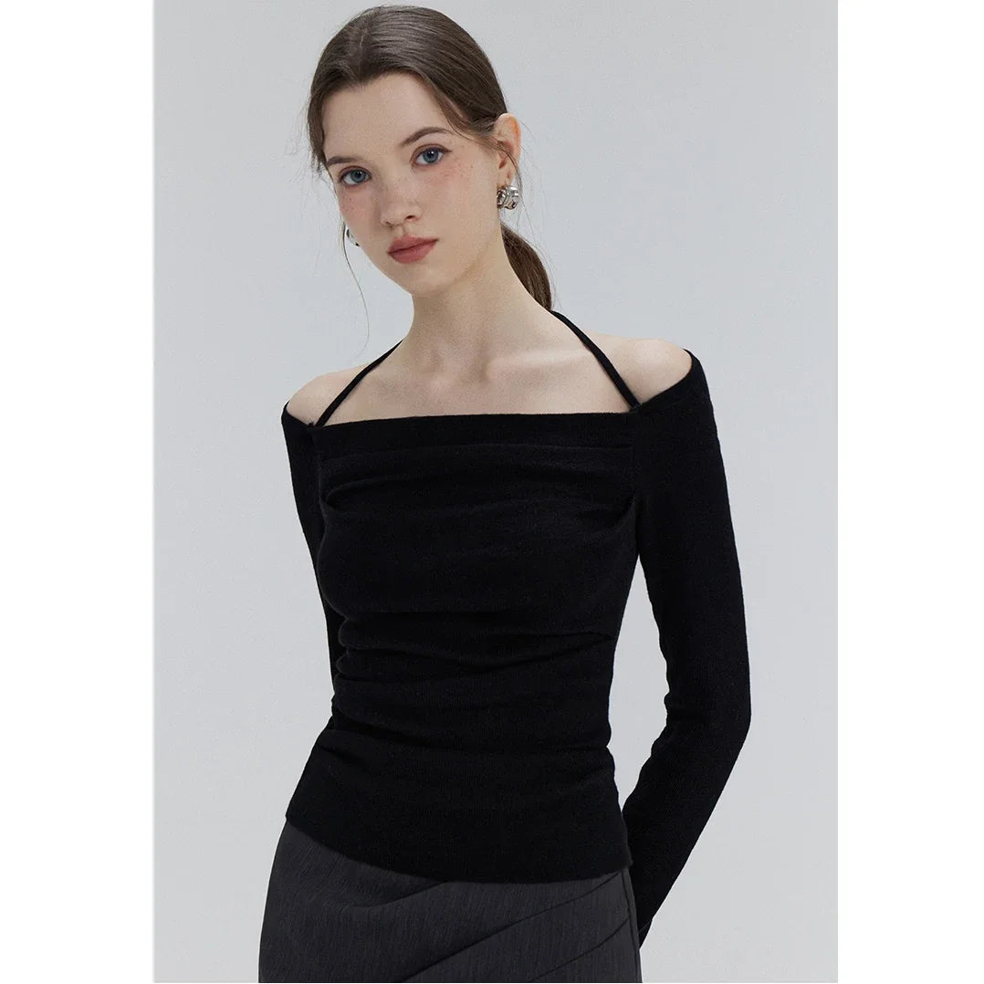 EGGKA Autumn One-shoulder Halter Neck Knitted Tops Women Slim Designer T-Shirts Slash Neck Long Sleeve Tops Korean Fashion Tees SS69