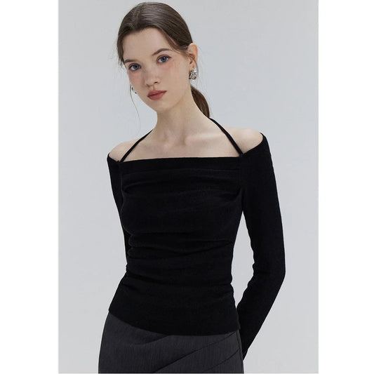 EGGKA Autumn One-shoulder Halter Neck Knitted Tops Women Slim Designer T-Shirts Slash Neck Long Sleeve Tops Korean Fashion Tees SS69