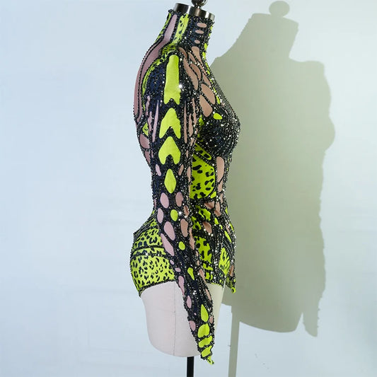 SS69 Women's Rhinestone Embellished Green Bodysuit High Elasticity Dance Outfit