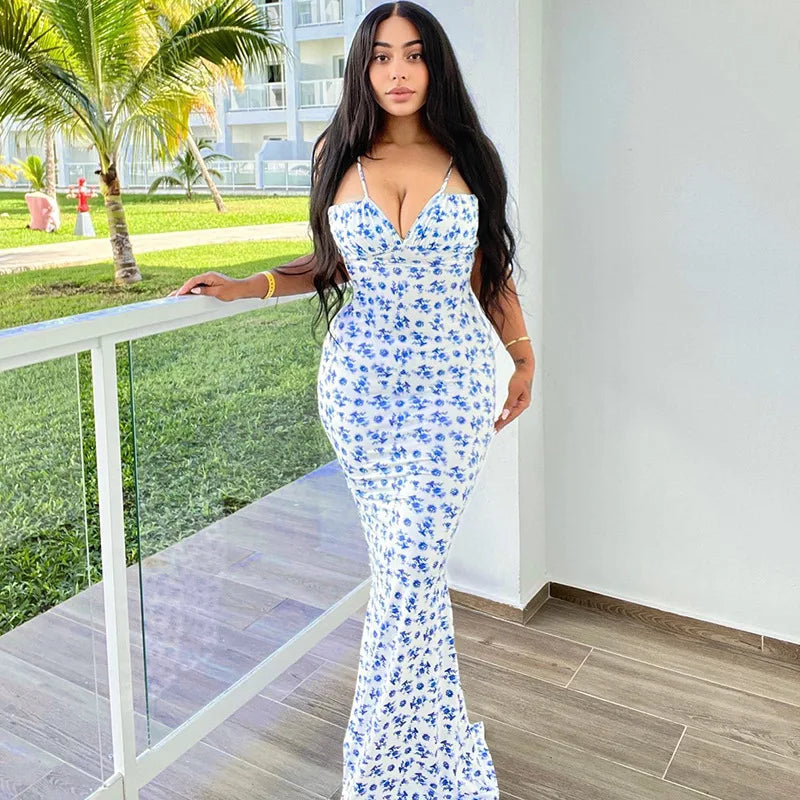 Hugcitar Women Floral Spaghetti Strap Bodycon Maxi Dress