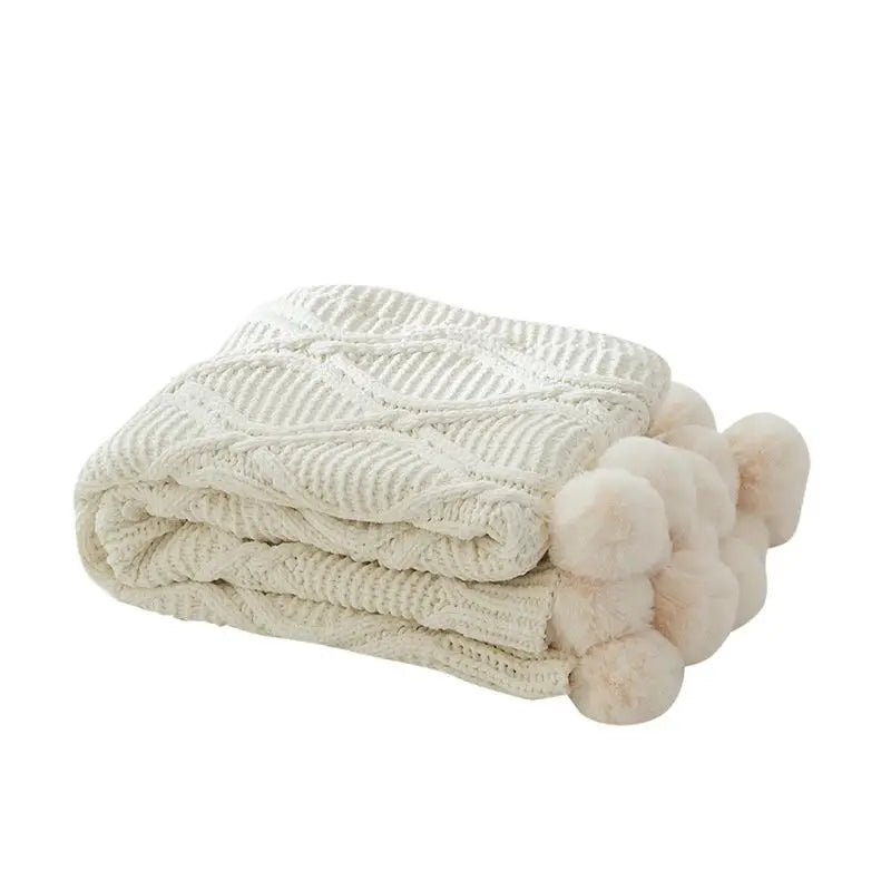 SS69 Chunky Chenille Knit Throw Blanket with Pom Poms, 130x170cm