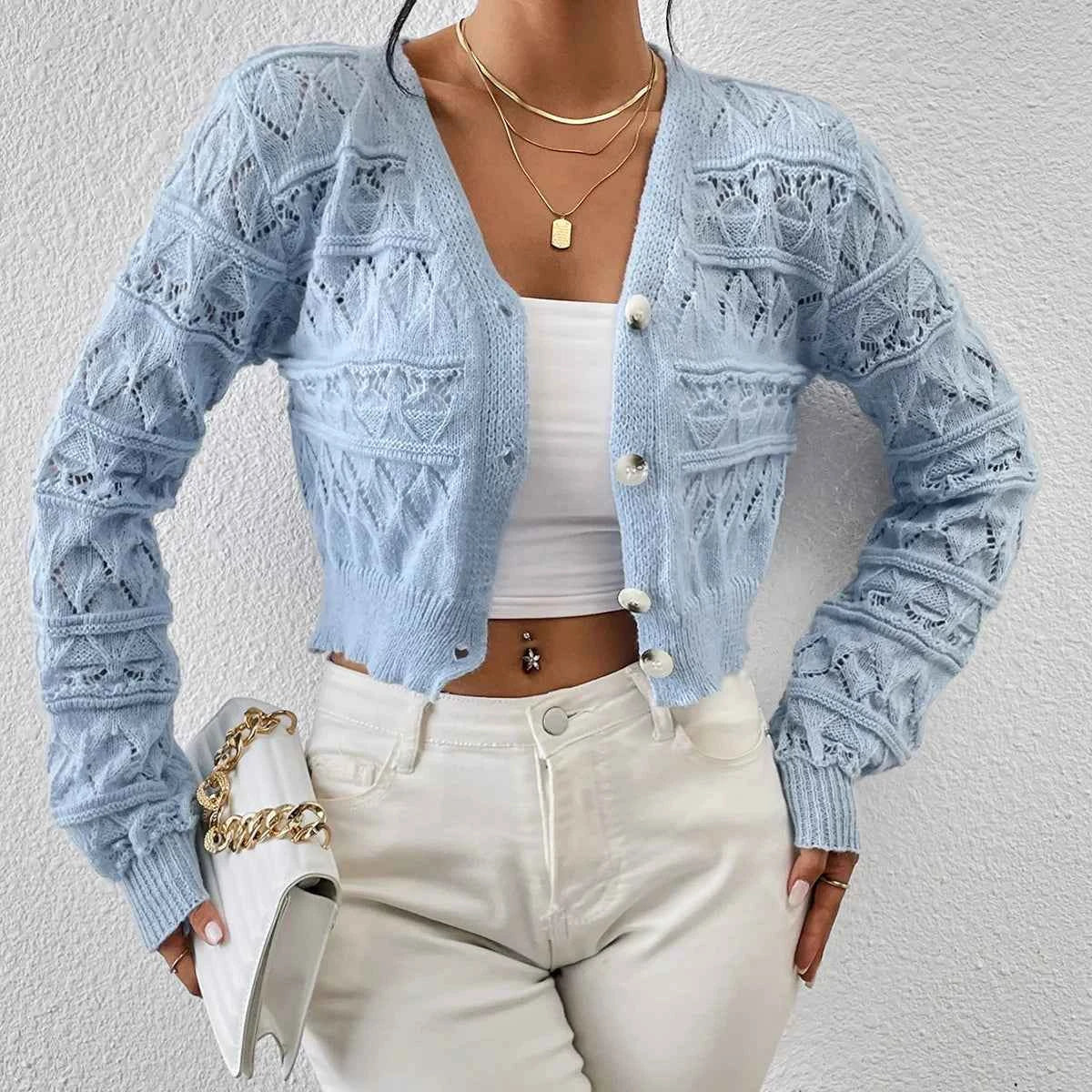 2026 New Autumn Women V-neck Knitwears Long Sleeve Knitted Sweaters Hollow Out Embroidery Single Breasted Short Cardigans Tops