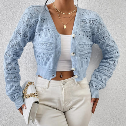 2026 New Autumn Women V-neck Knitwears Long Sleeve Knitted Sweaters Hollow Out Embroidery Single Breasted Short Cardigans Tops
