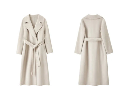 SENTUBILA Women 100% Wool Long Wrap Coat 2026 Elegant Notched Collar Belted Warm Double Faced Woolen Winter Overcoat W24O43352