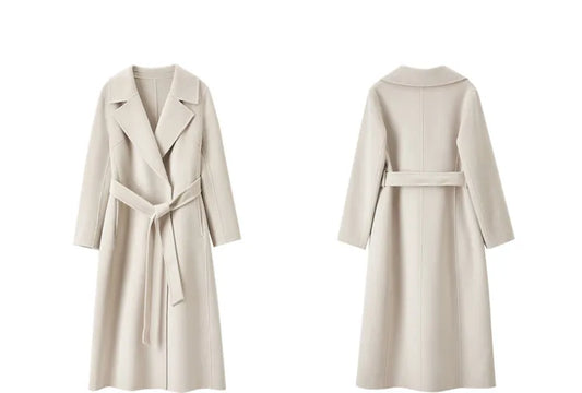SENTUBILA Women 100% Wool Long Wrap Coat 2026 Elegant Notched Collar Belted Warm Double Faced Woolen Winter Overcoat W24O43352