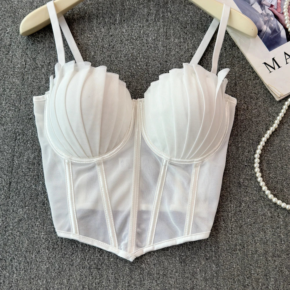 korean fashion mesh summer Fashion fishbone camis Corset  Slim Hotsweet Tank Top Women sweet crop top SS69